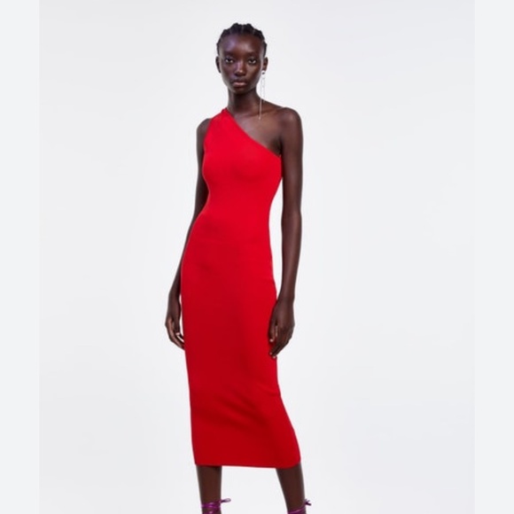 Red Zara one shoulder dress- blogger favourite/ emrata - Picture 1 of 5